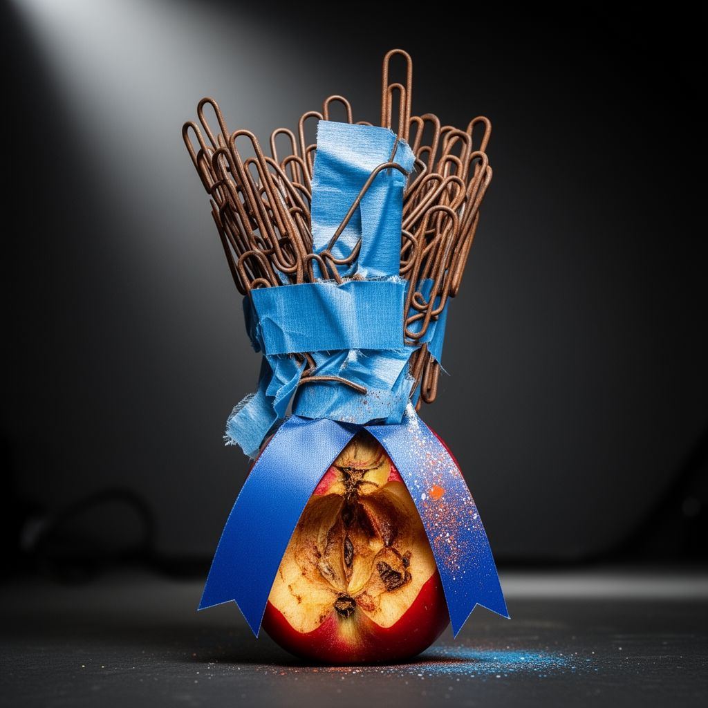 A janky, DIY award trophy made of office supplies and a rotted apple core, photographed like a professional athletic trophy.